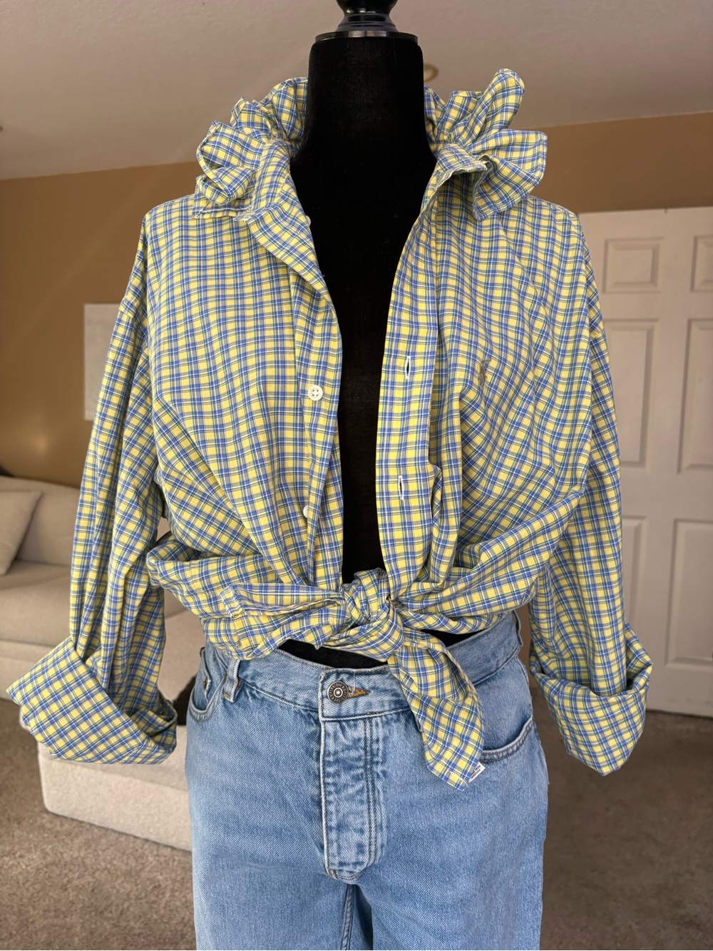 Reworked Ralph Lauren Yellow & Blue Plaid  Button-Up Shirt Size XL